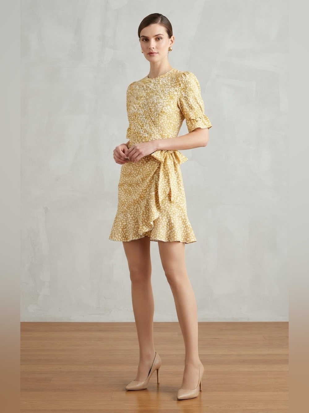 Vero Moda Yellow Floral Wrap-Detail Mini Dress